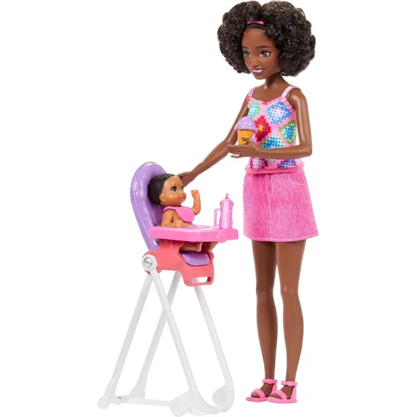 Păpușa Barbie într-o rochie roz set de joacă bone babysitter - Mattel imaginea 3