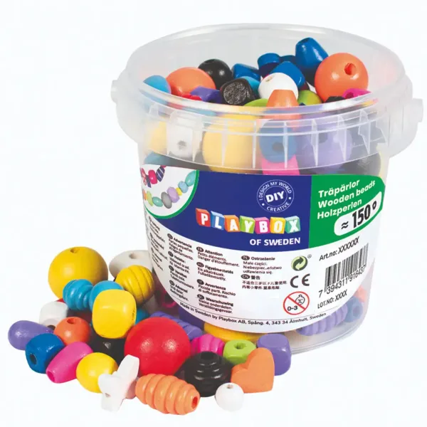 PlayBox: Set de mărgele colorate din lemn pentru înșirat, în găleată, 190gr imaginea 1