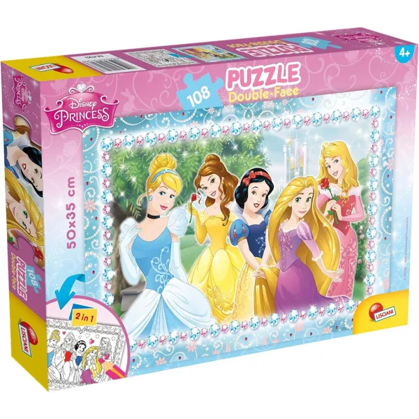 Prințese Disney 2 în 1 puzzle de 108 piese și carte de colorat 50x35cm - Lisciani imaginea 1
