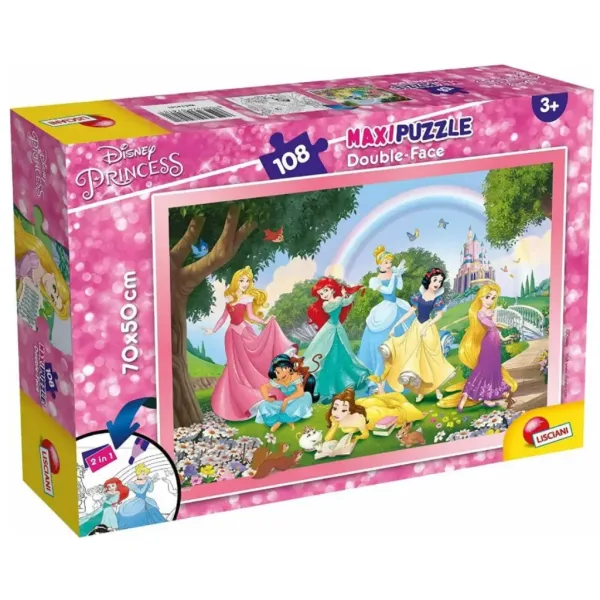 Prințese Disney curcubeu 2 în 1 puzzle de 108 piese și carte de colorat 70x50cm - Lisciani imaginea 1