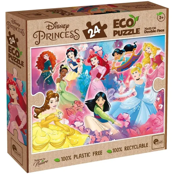 Prințese Disney în echipă 2 în 1 puzzle maxi Eco cu 24 de piese și carte de colorat 70x50cm - Lisciani imaginea 1