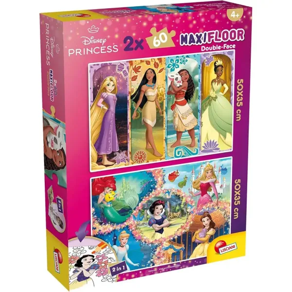 Prințesele Disney 2 în 1 maxi puzzle 2x60 piese și carte de colorat 50x35cm - Lisciani imaginea 1