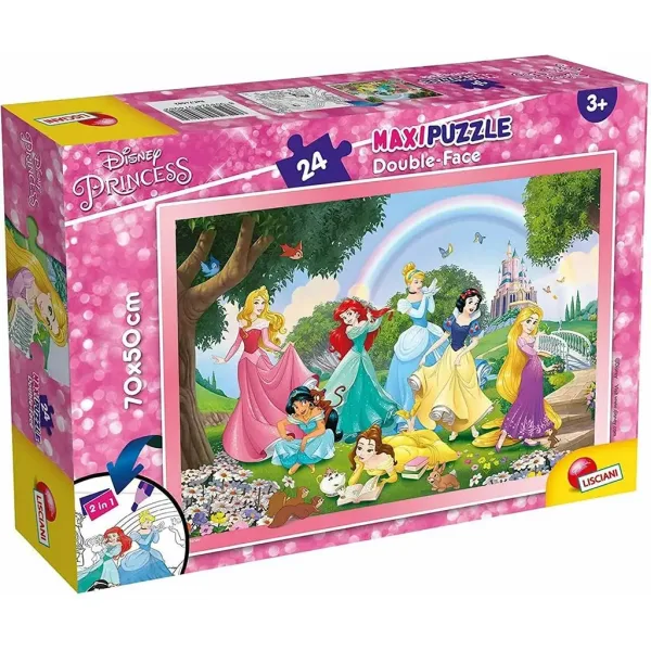 Prințesele Disney 2 în 1 maxi puzzle de 24 de piese și carte de colorat 70x50cm - Lisciani imaginea 1