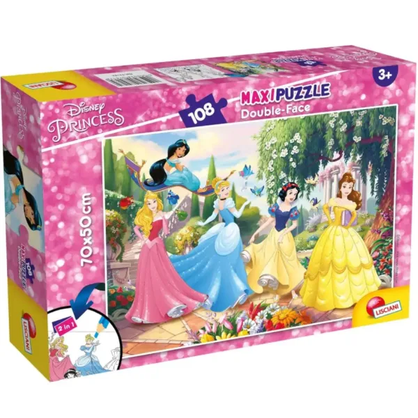 Prințesele Disney 2 în 1 puzzle de 108 piese și carte de colorat 70x50cm - Lisciani imaginea 1
