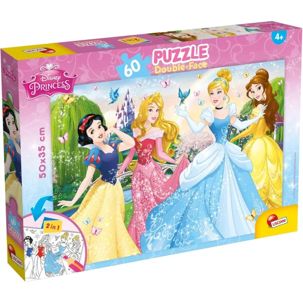 Prințesele Disney 2 în 1 puzzle de 60 piese și carte de colorat 50x35cm - Lisciani imaginea 1