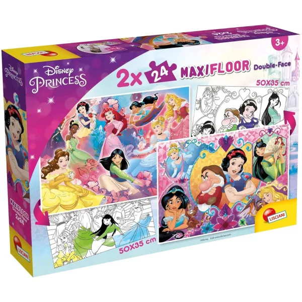 Prințesele Disney 2 în 1, puzzle maxi 2x24 piese și carte de colorat - Lisciani imaginea 1