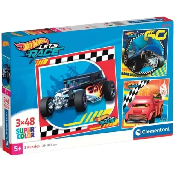 Puzzle Supercolor 3x48 bucăți Hotwheels - Clementoni imaginea 1