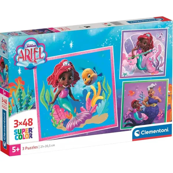 Puzzle Supercolor 3x48 piese Disney Ariel - Clementoni imaginea 1
