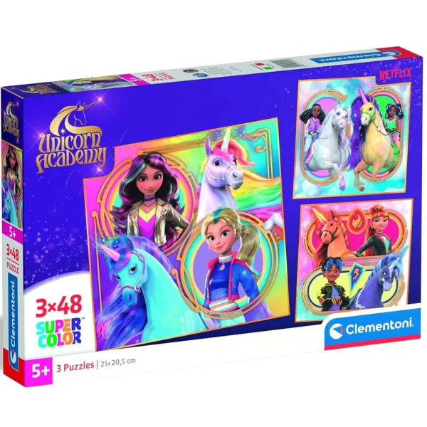 Puzzle Supercolor Unicorni Academia 3x48 piese - Clementoni imaginea 1