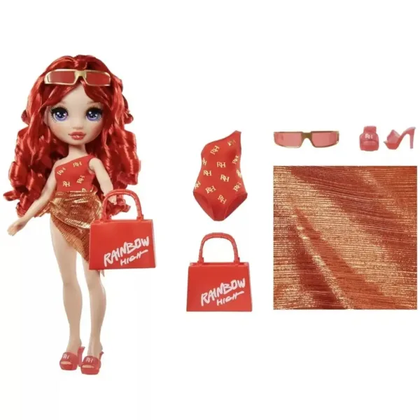 Rainbow High: Păpușă de modă Ruby pentru plajă, cu costum de baie și accesorii de modă imaginea 3