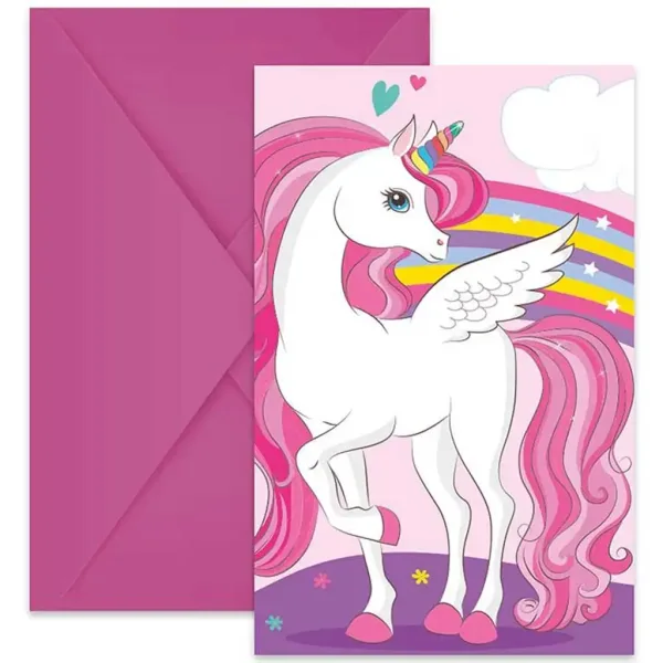 Set de 6 invitații pentru petrecere cu unicorni curcubeu, cu plicuri. imaginea 1