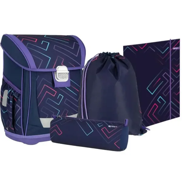 Spirit: Ghiozdan școlar Color Lines cu linii colorate pe fundal mov, set de 4 bucăți 41x20x32cm imaginea 1