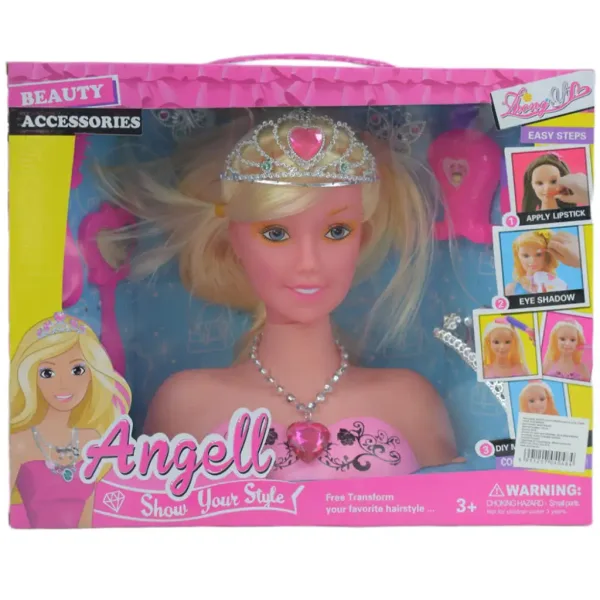 Angell: Cap de păpușă pieptănabilă se poate coafa cu tiara și accesorii 21 cm imaginea 5