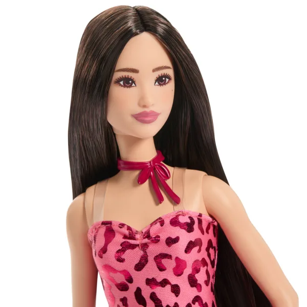Barbie: Fashionista Prietene cu păr brunet, păpușă de modă stilată în rochie cu model de leopard – Mattel imaginea 3