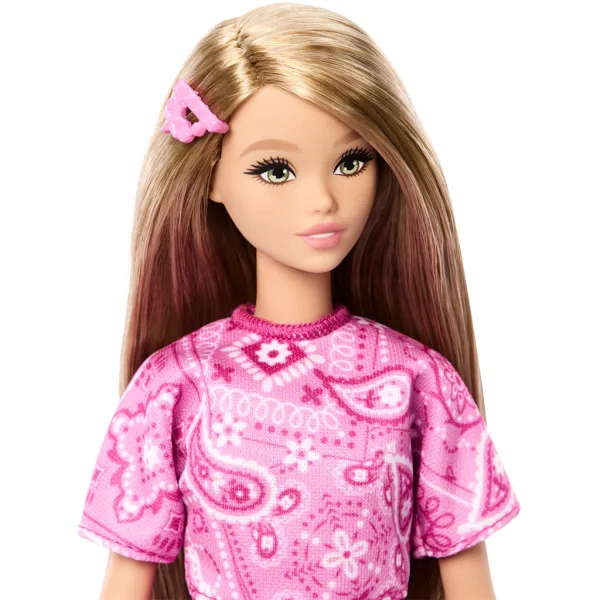 Barbie: Fashionista Prietene stilate păpușă de modă cu rochie roz cu model de fular - Mattel imaginea 3