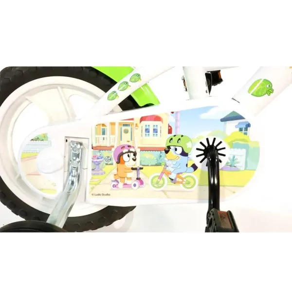 Bluey 12” bicicletă pentru copii cu suport pentru sticlă și roți laterale de culoare albă-albastră-verde – Dino Bikes bicicletă imaginea 4