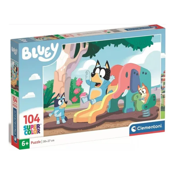 Bluey pe tobogan, puzzle Supercolor de 104 de piese - Clementoni