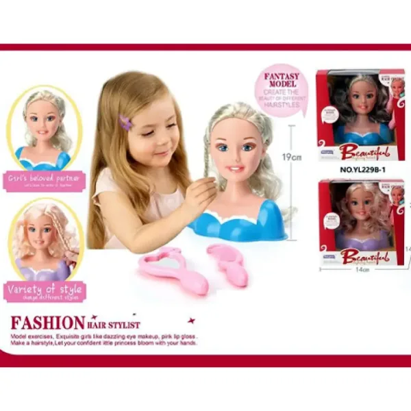 Cap de păpușă cu păr blond lung în două rochii diferite cu accesorii imaginea 2