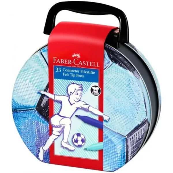 Faber Castell: Set de markere Connector cu tematică fotbalistică, 33 de bucăți, în cutie metalică