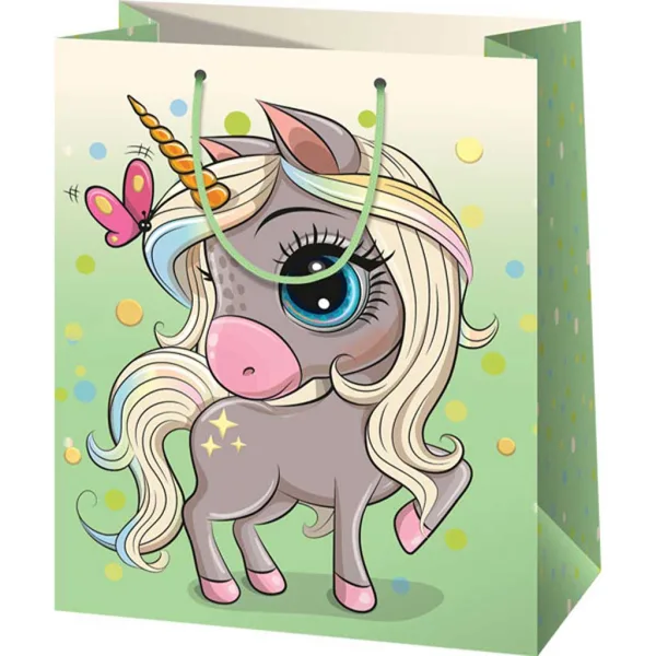 Sac de cadou mare exclusiv verde cu model de unicorn 26x13x33cm imaginea 1