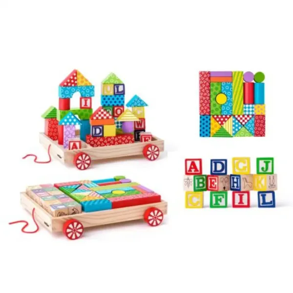 Lemn ABC vehicul cu cuburi de construcție și cuburi de litere imaginea 2