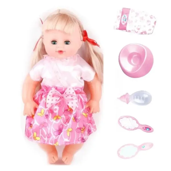 Păpușă cu păr în haine de culoarea roz cu accesorii 35cm imaginea 2