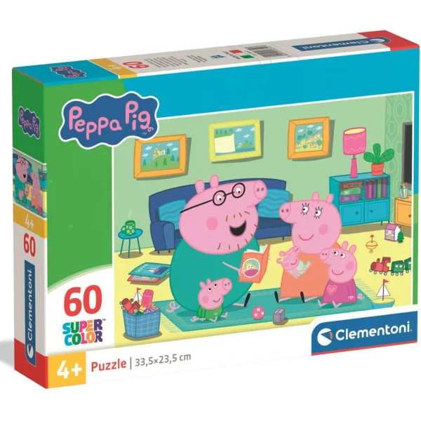 Purcelușa Peppa: distracție în familie - puzzle Supercolor de 60 de piese - Clementoni imaginea 1