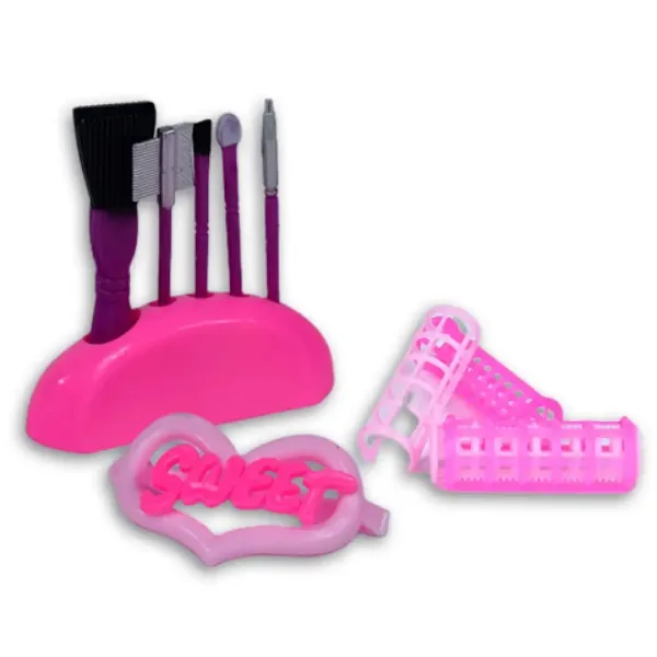 Set de frumusețe roz din 7 piese cu pensulă machiaj, uscător de păr și accesorii imaginea 2