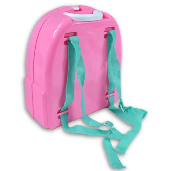 Set de frumusețe roz într-un rucsac cu machiaj, oglindă și accesorii imaginea 2