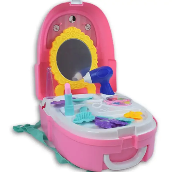 Set de frumusețe roz într-un rucsac cu machiaj, oglindă și accesorii imaginea 3
