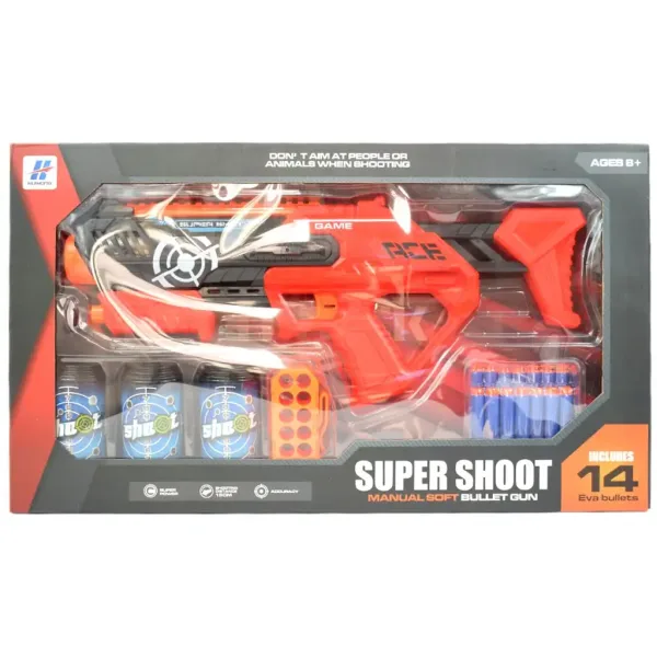 Super Shoot: Pistol manual cu burete cu cartușe și ținte flacon 46 cm imaginea 5