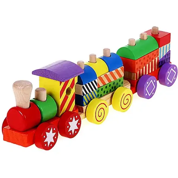 Tren de lemn colorat cu elemente de construcție imaginea 1