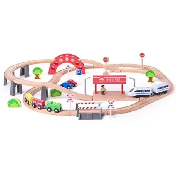 Tren de lemn cu șine și locomotivă cu baterii set de 60 de piese - Woodyland imaginea 2