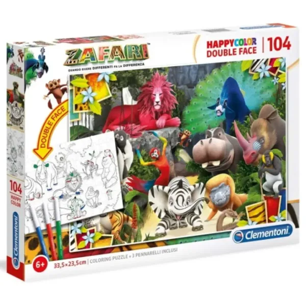 Zafari Double 2 in 1 puzzle ambele părți poate fi colorat 104 bucăți - Clementoni imaginea 1