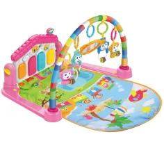 Animale vesele pe covor de joacă roz cu pian pentru bebeluși 64x78cm imaginea 2