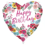 Balon din folie pentru ziua de naștere - cu inscripția „Happy Birthday”, în formă de inimă, cu model floral, 46 cm