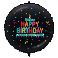 Balon folie de ziua de naștere – cu inscripția „Happy Birthday”, cu tort și confetti, pe fundal negru, 46 cm