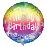 Balon folie de ziua de naștere – cu inscripția „Happy Birthday”, model cu stele în culorile curcubeului, 46 cm