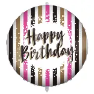 Balon folie pentru ziua de naștere – cu inscripția „Happy Birthday”, design cu dungi aurii-negre-roz, 46cm