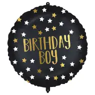 Balon folie pentru ziua de naștere – inscripție „Birthday Boy”, negru-auriu cu stele, 46 cm