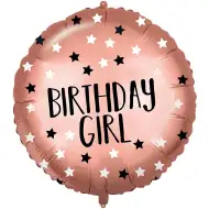 Balon folie pentru ziua de naștere – inscripție „Birthday Girl”, roz auriu cu stele, 46 cm