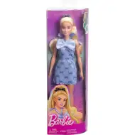 Barbie: Păpușă fashionistă blondă, stilată, în rochie albastră cu model de papion - Mattel