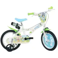 Bicicletă pentru copii Bluey de 14” cu suport pentru sticlă de apă și roți ajutătoare, în culorile alb-albastru-verde – bicicletă Dino Bikes