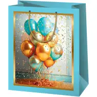 Cardex: Sacoșă cadou exclusivă de mărime medie, cu baloane albastre-aurii, 18x10x23cm
