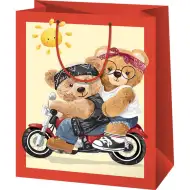 Familia de ursuleți pe motocicletă - pungă de cadou medie cu model, 18x10x23cm