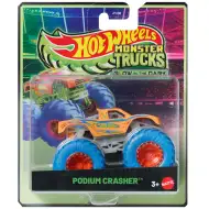 Hot Wheels Monster Trucks: Podium Crasher — mașinuță portocalie care luminează în întuneric, scara 1:64 – Mattel