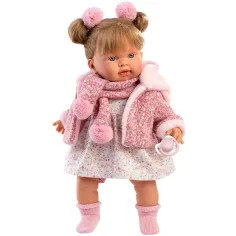 Llorens: Alexandra, păpușă de 42 cm care plânge, cu suzetă, îmbrăcată într-un palton roz.