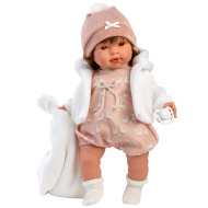 Llorens: Carla, păpușă plângătoare de 42 cm, cu suzetă și păturică albă.