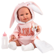 Llorens: Lina, păpușă plângătoare de 45 cm, îmbrăcată într-o hăinuță cu urechi de iepuraș.