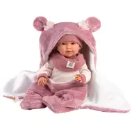 Llorens: Mimi, păpușă plângătoare de 42 cm cu sac de dormit roz cu urechi de ursuleț.